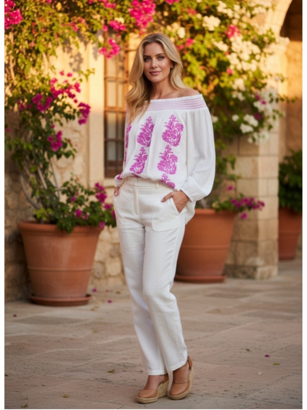 International Concepts White & Pink Embroidered Off-Shoulder Blouse Size M